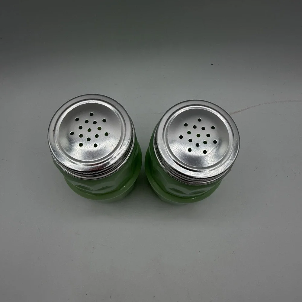 Pair of Jadeite Salt & Pepper Shakers‎ Barrel Shaped Paneled w/ Aluminium Lids